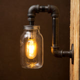E27 Plug in Black industrial iron pipe wall light with Kilner jar